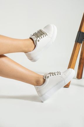 کفش اسنیکر سفید زنانه بند دار چرم مصنوعی کد 723011813