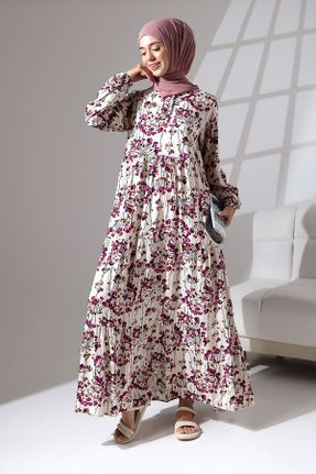 لباس بنفش زنانه بافتنی ویسکون طرح گلدار ریلکس آستین-بلند کد 829935018