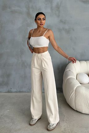 شلوار بژ زنانه مخلوط کتان Ortaya Çık - کد 837998095
