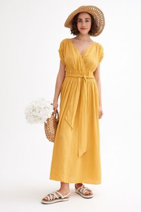 لباس زرد زنانه بافتنی پنبه (نخی) آستین-کوتاه کد 837397723