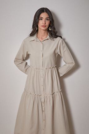 لباس بژ زنانه بافتنی پنبه - پلی استر رگولار آستین-بلند کد 802533005