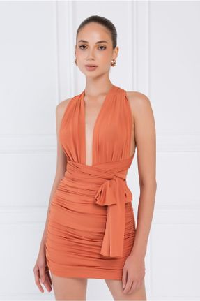 لباس مجلسی نارنجی زنانه پلی استر بدون آستین کد 462808183