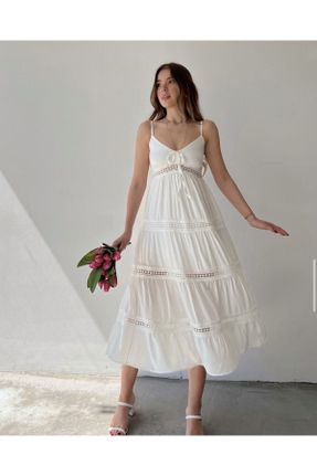لباس سفید زنانه بافتنی کتان رگولار بند دار کد 310585200