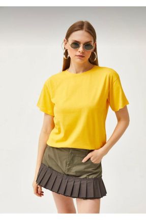 تی شرت زرد زنانه پارچه ای یقه گرد اورسایز تکی کد 827426255