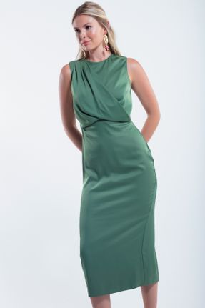 لباس مجلسی خاکی زنانه آستین استاندارد یقه گرد پلی استر اسلیم فیت بدون آستر کد 837925439