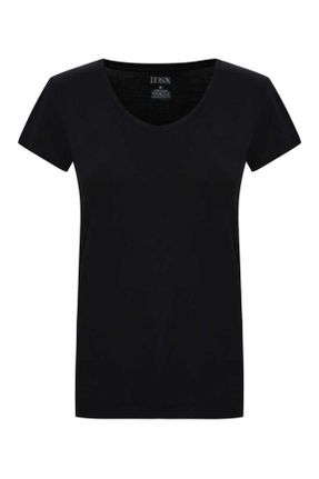 تی شرت مشکی زنانه ریلکس یقه هفت بامبو کد 824093827