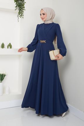 لباس مجلسی اسلامی سرمه ای زنانه آستین استاندارد ریلکس یقه گرد کرپ کد 838005461