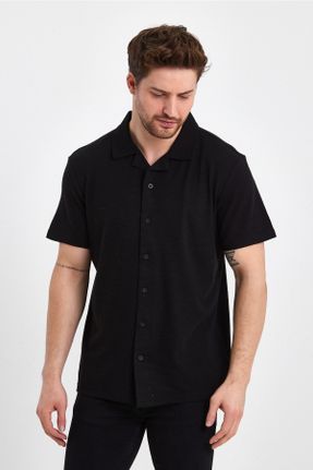 تی شرت مشکی مردانه رگولار یقه پیراهنی پنبه - پلی استر کد 686353071