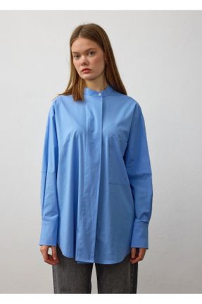 پیراهن آبی زنانه اورسایز یقه قاضی کد 776827882