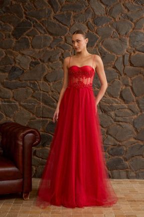 لباس مجلسی قرمز زنانه تور آویزی رگولار استراپلز آستر دار کد 788959763