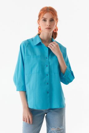 پیراهن آبی زنانه اورسایز پنبه - پلی استر کد 818250264