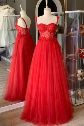 لباس مجلسی قرمز زنانه ساتن آویزی رگولار استراپلز آستر دار کد 727655121