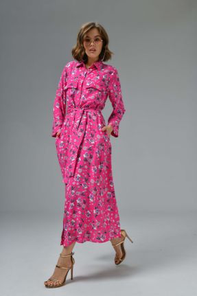 لباس صورتی زنانه بافتنی ویسکون طرح گلدار رگولار آستین-بلند کد 803192103