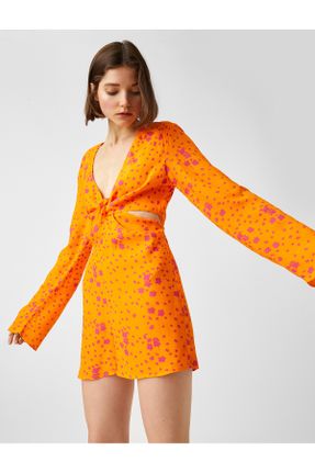 لباس نارنجی زنانه بافتنی ویسکون طرح گلدار اسلیم آستین-بلند کد 290106260