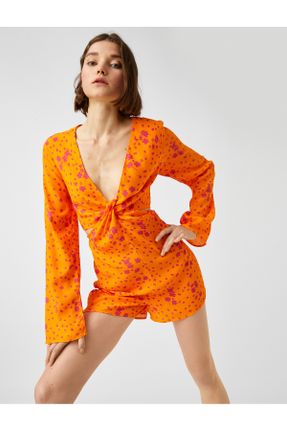 لباس نارنجی زنانه بافتنی ویسکون طرح گلدار اسلیم آستین-بلند کد 290106260