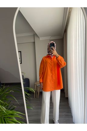 پیراهن نارنجی زنانه اورسایز یقه پیراهنی پارچه ای کد 835562449