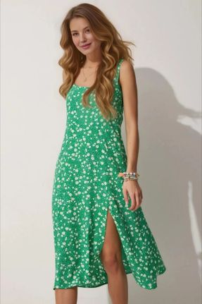 لباس سبز زنانه بافتنی ویسکون طرح گلدار بند دار بیسیک کد 830303690