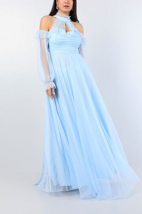 لباس مجلسی آبی زنانه تور اورسایز یقه گرد آستر دار کد 834891549