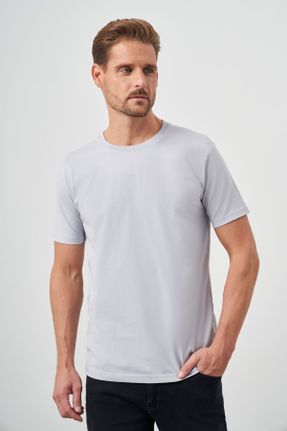تی شرت طوسی مردانه یقه گرد پنبه (نخی) رگولار تکی طراحی کد 816493063