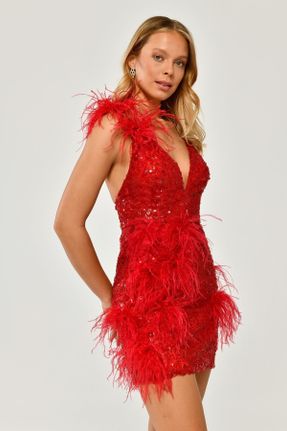 لباس مجلسی قرمز زنانه بدون آستین یقه هفت کد 687042609