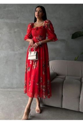 لباس قرمز زنانه بافتنی شیفون آستین-کوتاه کد 829315795