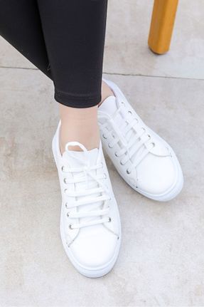 کفش اسنیکر سفید زنانه بند دار چرم مصنوعی کد 831027262