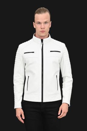 کت سفید مردانه Fitted چرم طبیعی آستر دار کد 36363264