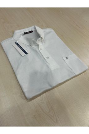 تی شرت سفید مردانه رگولار پنبه (نخی) یقه دکمه دار تکی کد 833853919
