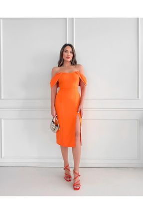 لباس نارنجی زنانه بافتنی پلی استر آستین افتاده شانه باز کد 831978041