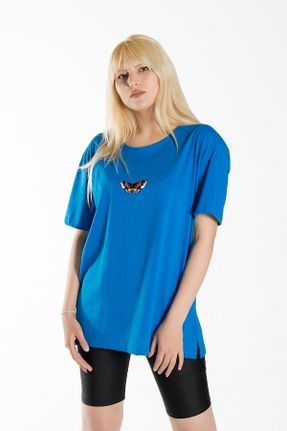 تی شرت آبی زنانه اورسایز یقه گرد پارچه ای تکی کد 331898853