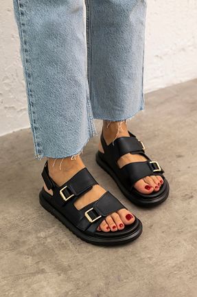 صندل مشکی زنانه پاشنه تخت MYPOPPİSHOES - کد 838339003