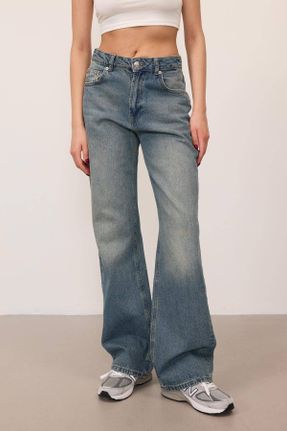 شلوار جین سبز زنانه پاچه راحت فاق بلند استاندارد کد 818296854