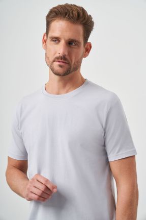 تی شرت طوسی مردانه یقه گرد پنبه (نخی) رگولار تکی طراحی کد 816493063