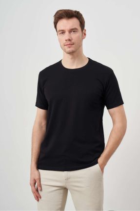 تی شرت مشکی مردانه یقه گرد پنبه (نخی) رگولار تکی طراحی کد 816493091