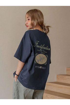 تی شرت سرمه ای زنانه اورسایز یقه گرد پنبه (نخی) تکی طراحی کد 696128222