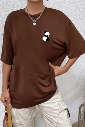 تی شرت قهوه ای زنانه رگولار یقه گرد طراحی کد 838294405