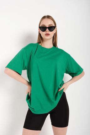 تی شرت سبز زنانه اورسایز یقه گرد پنبه (نخی) تکی کد 465607356