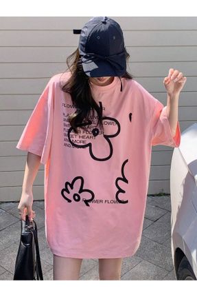 تی شرت صورتی زنانه اورسایز یقه گرد پنبه (نخی) تکی کد 822264756