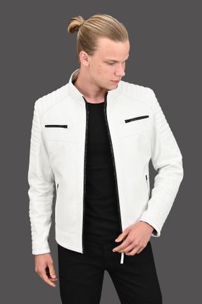 کت سفید مردانه چرم طبیعی Fitted آستر دار کد 36363264