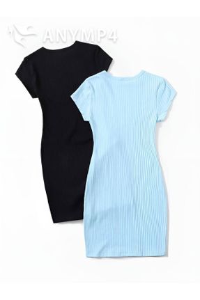 لباس آبی زنانه بافت پنبه - پلی استر - الاستن آستین-کوتاه کد 838179232