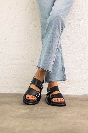 صندل مشکی زنانه پاشنه تخت MYPOPPİSHOES - کد 838339003
