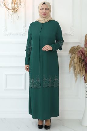 لباس مجلسی سبز زنانه یقه گرد رگولار کرپ کد 717342699