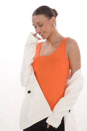 تی شرت نارنجی زنانه ویسکون یقه آویز تکی بیسیک کد 813592547