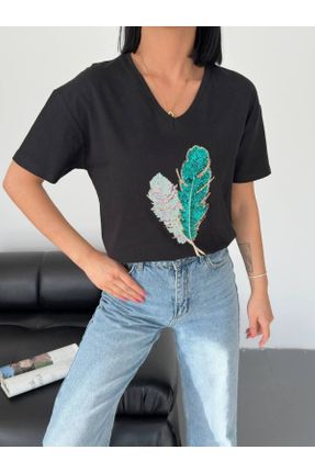 تی شرت مشکی زنانه ریلکس یقه هفت تکی طراحی کد 831824160