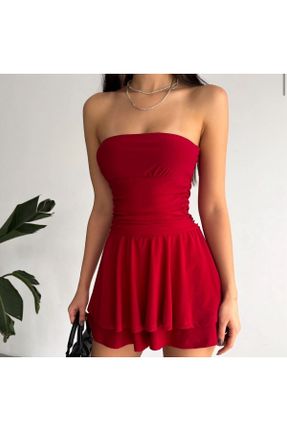 لباس قرمز زنانه بافت مخلوط پلی استر استراپلز آستین-کوتاه پارتی کد 798679219