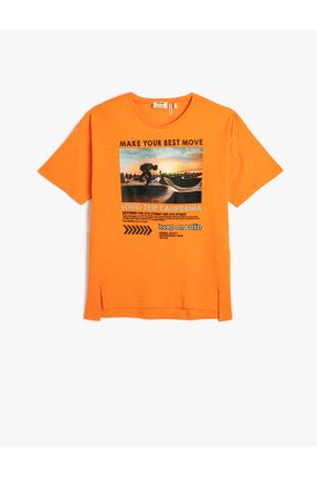 تی شرت نارنجی بچه گانه رگولار یقه گرد پنبه (نخی) تکی کد 679191855