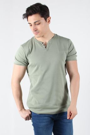 تی شرت خاکی مردانه رگولار یقه دکمه دار طراحی کد 675098313