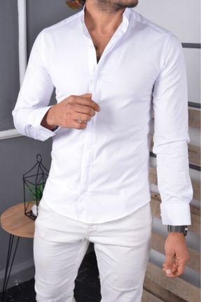 پیراهن سفید مردانه اسلیم فیت یقه قاضی پارچه ای کد 817738522