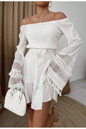 لباس سفید زنانه بافتنی پنبه - پلی استر رگولار کد 822148876