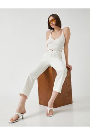 شلوار جین سفید زنانه پاچه گشاد فاق بلند پنبه (نخی) کراپ کد 269590654